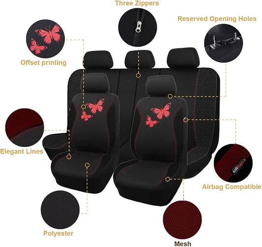 Flying Banner Butterfly car seat Covers ful Set Fashion Universal Lady Woman Female Rear Bench Split Colorized (Full Set, Red Black)