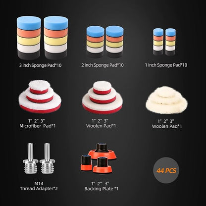 Car Foam Drill Polishing Pad Kit, 44Pcs 1inch 2inch 3inch Detail Polishing Buffing Pad Mix Size Car Detailing Kit with 5/8-11 Thread Backing pad & Adapters for Buffer Polisher Polishing, Buffing