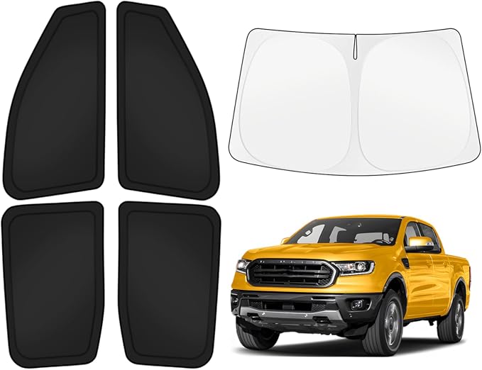 KUST Car Window Shades for Ford Ranger 2019-2025 2026 4-Door Windshield Sun Shade Side Window Cover UV Block Privacy Protection Ranger Accessories for Camping Blackout Rear Back Full Set 5PCS