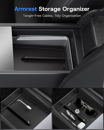 Center Console Organizer Tray for Tesla Model Y Juniper 2025 2026 (Premium & Performance) & Model 3 Highland, PC Material & Silent Silicone Armrest Storage Box Wireless Charging Pad Cup Holder