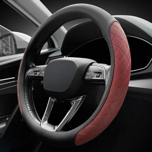 LKWLIKEI Nappa Leather Steering Wheel Cover,Elegant Diamond Checkered Design, Non-Slip wear-Resistant, Enhance Driving Comfort, Suitable for Steering Wheel Diameter 14 1/2‘-15’ Models