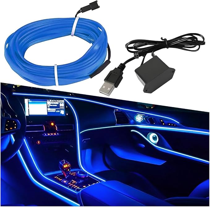 ZIMISI EL Wire Car Interior LED Strip Lights, 5V 16FT Neon Light Strip with Sewing Edge, USB Electroluminescent Car Interior Lights with Fuse Protection, Vehicle Ambient Lighting Decorations (Blue)