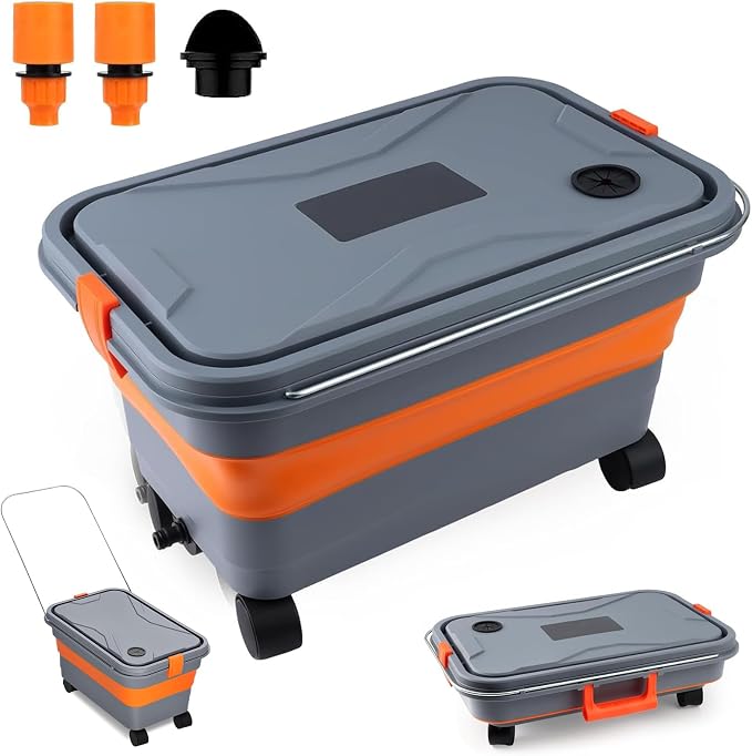 Collapsible Bucket 5.8 Gallon for Car Washing with Wheels, Drain Plug, Universal Connectors for Cordless Pressure Washer, Foldable Car Wash Bucket for Car,Mop Cleaning, Camping, RV, Pet Bath