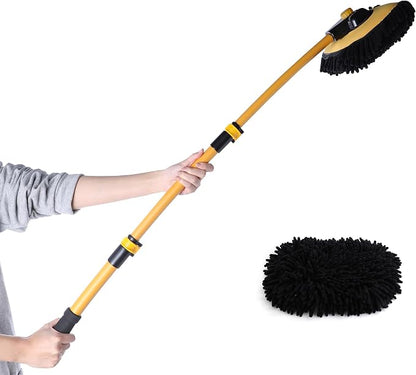 Eyliden Car Wash Brush Mop with Long Handle, Yellow & Black | 90° Swivel Head with 45° Angle Lock, 2 Scratch-Free Microfiber Heads, Car Detailing Kit, for Car Truck RV