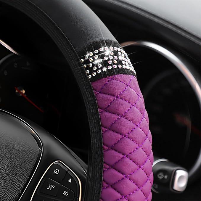 Osilly Bling Car Steering Wheel Cover, 15 Inch Rhinestones Soft Leather Elastic Steering Wheel Protector, Sparkly Crystal Diamond for Women Girls, Car Interior Accessories for Most Cars (Purple)