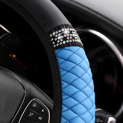 Osilly Bling Car Steering Wheel Cover, 15 Inch Rhinestones Soft Leather Elastic Steering Wheel Protector, Sparkly Crystal Diamond for Women Girls, Car Interior Accessories for Most Cars (Blue)