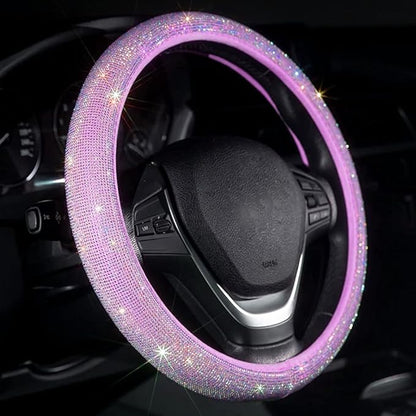 Car Fuzzy Bling Steering Wheel Cover for Women Purple, 15 Inch Universal with Colorful Diamonds Rhinestone Cute Accessories Crystal Anti-Slip Wheel Protectorer