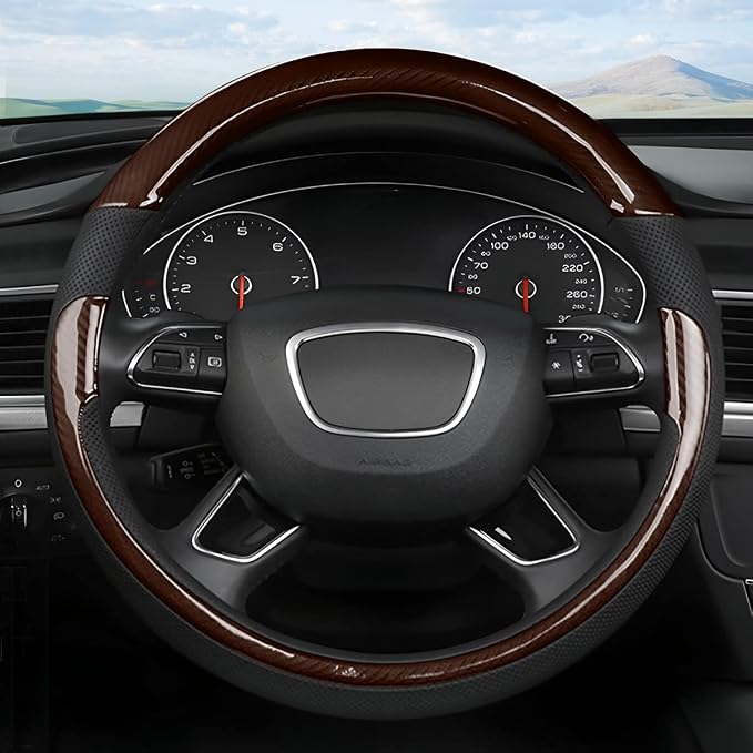 Universal Steering Wheel Cover - Microfiber Leather, 15 Inch, Anti-Slip, Breathable, Odorless Car Steering Wheel Protector, SUV Accessories (Bright Black/Coffee)