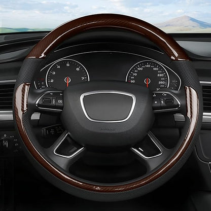 Universal Steering Wheel Cover - Microfiber Leather, 15 Inch, Anti-Slip, Breathable, Odorless Car Steering Wheel Protector, SUV Accessories (Bright Black/Coffee)