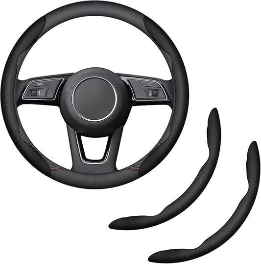 2-Piece Steering Wheel Cover, Carbon Fiber Segmented Steering Wheel Protector, Universal and Anti-Slip Durable Car Leather Protective Cover, Car Interior Accessories for Women and Men (Black)
