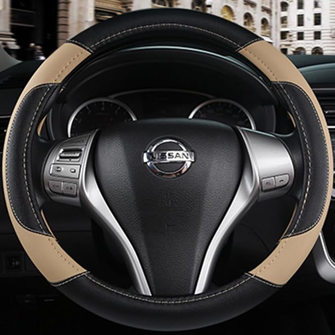 Leather Car Steering Wheel Cover, Non-Slip Car Wheel Cover Protector Breathable Microfiber Leather 15.5"-16" Large Size for Most Cars,Beige-2