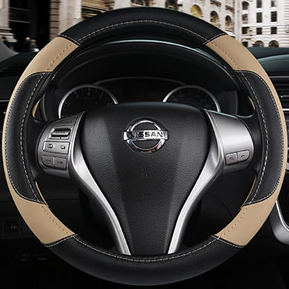Leather Car Steering Wheel Cover, Non-Slip Car Wheel Cover Protector Breathable Microfiber Leather 15.5"-16" Large Size for Most Cars,Beige-2