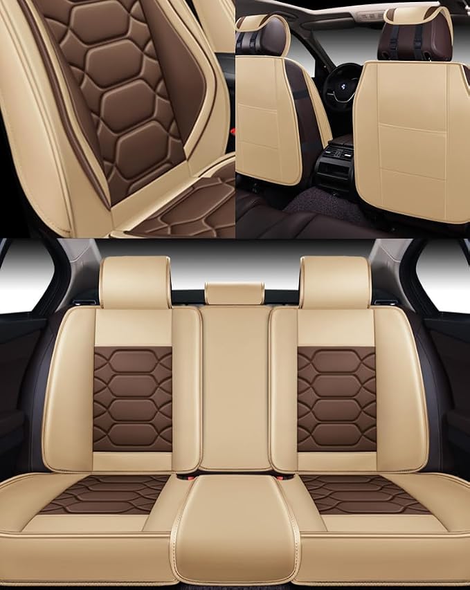 OASIS AUTO Car Seat Covers Full Set, Sporty Faux Leather with Honeycomb Pattern, Waterproof Universal Fit for SUV, Sedan, Pick-up Truck, Automotive Interior Accessories (OS-004 Coffee)