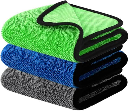 DIAOJIA 3 Pack Microfiber Car Towels (16" x 24"), 500 GSM Double-Sided Absorbent Coral Fleece Cloths for Washing, Drying & Cleaning, Streak-Free & Lint-Free (Mixed Colors)