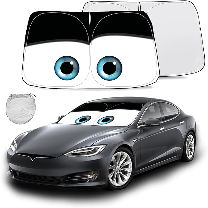 Gven Windshield Sun Shade for 2017-2026 Tesla Model Y/Model 3 Sunshade Accessories Foldable Sunshade (Fit 2025-2026 Model Y Juniper / 2024 Model 3 Highland) Blocks UV Rays Keep Car Cool (Black Eyes)