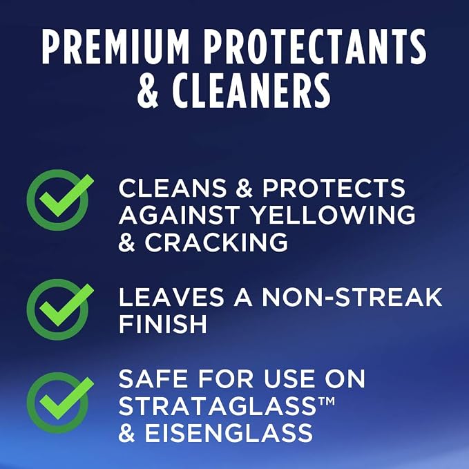 Cleans and protects clear marine vinyl while helping prevent yellowing, hazing, and cracking.