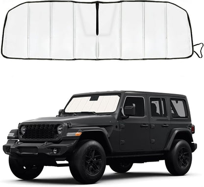 Windshield Sun Shade for Jeep Gladiator(JT) 2020-2026/Wrangler JL 2018-2026, Front Window Visor Accessories, Folding Design Blocks Heat & UV Rays Maintain Cool Interior and Save Space