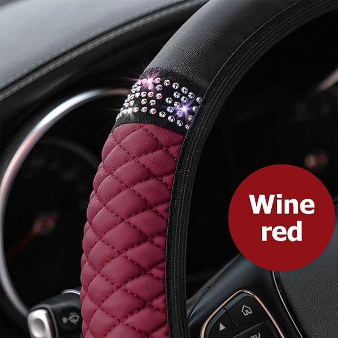 Osilly Bling Car Steering Wheel Cover, 15 Inch Rhinestones Soft Leather Elastic Steering Wheel Protector, Sparkly Crystal Diamond for Women Girls (Wine Red)