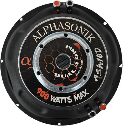 Alphasonik ASW10D AS Series 10" 900 Watts Max / 300 Watts RMS Dual 4 Ohm Car Subwoofer Stamped Steel Basket with Stronium Magnet Non Pressed Paper Cone Audio Speaker Bass Sub Woofer