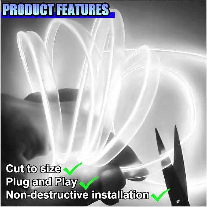 ZIMISI EL Wire Car Interior LED Strip Lights, 5V 16FT Neon Light Strip with Sewing Edge, USB Electroluminescent Car Interior Lights with Fuse Protection, Vehicle Ambient Lighting Decorations (White)