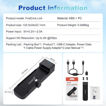 Carlinkit FireDrive Link Pro Car TV Converter, Wireless CarPlay Adapter with HDMI for Fire TV Stick Streaming, Convert Wired CarPlay to Wireless Android Auto & Apple CarPlay Dongle, Plug & Play