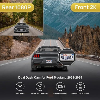 Fitcamx Front 2K+Rear 1080P Dash Cam Adapts for Ford Mustang 2024 2025 Ecoboost GT Premium Dark Horse, OEM Style, Dual HD Video, Loop Recording, Built-in WiFi & APP, G-Sensor, Easy to Use, 64GB Card
