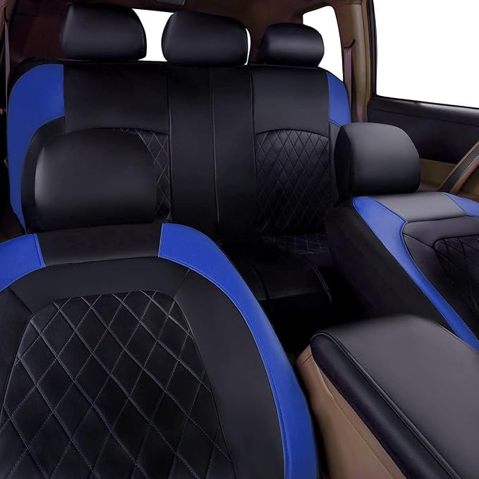 Universal Deluxe Pu Luxury Vinyl Faux Leather Car Seat Covers Full Set, Airbag Compatible, Breathable, Fit for Cars, Trucks, SUV (Black and Blue)