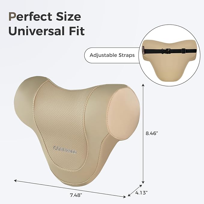 Coverado Car Headrest Pillow, Ergonomic Memory Foam Car Neck Pillow for Driving Seat with Adjustable Strap, Soft PU Leather Breathable Removable Cover Neck Support for Neck Pain Relief - Beige
