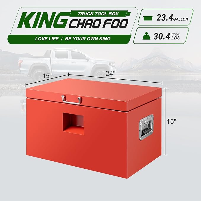 24" Truck Tool Box,Heacy Duty Metal Storage Organizer with Strong locking tongue,Trailer Tongue Box with Safe Hinge, for Truck,Pickup,RV,Garage,Best gift for family and friend,Red Power Coating