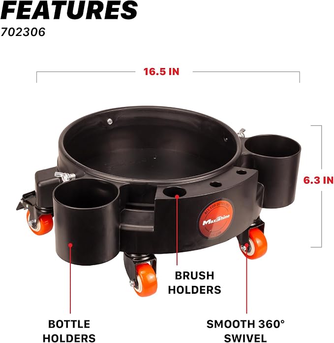 Maxshine Universal Rolling Bucket Dolly – Black Heavy-Duty Polypropylene Car Wash Bucket Cart with 5 Swivel Wheels, 5 Bottle & Brush Holders – Spill-Free Auto Detailing Storage & Garage Organization