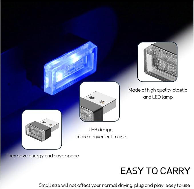Dickno 4 PCS USB LED Car Interior Atmosphere Lamp, Portable Mini LED Night Light, Plug-in USB Interface Trunk Ambient Lighting Kit, Universal Vehicle Interior Accessories (Blue+Red)