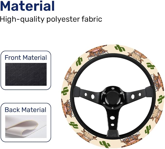 GENANY Cute Highland Cow Steering Wheel Cover, Non Slip Polyester Car Wheel Protector for Car SUV Truck, Universal 15 Inch