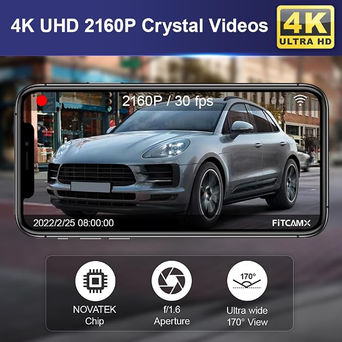 Fitcamx 4K Dash Cam Suitable for Porsche Macan 95B Panamera 970 Cayenne 958 92A E2 (Model B), OEM Factory Look, 2160P UHD Video, Built-in WiFi & APP, Loop Recording, G-Sensor, Easy to Use, 64GB Card