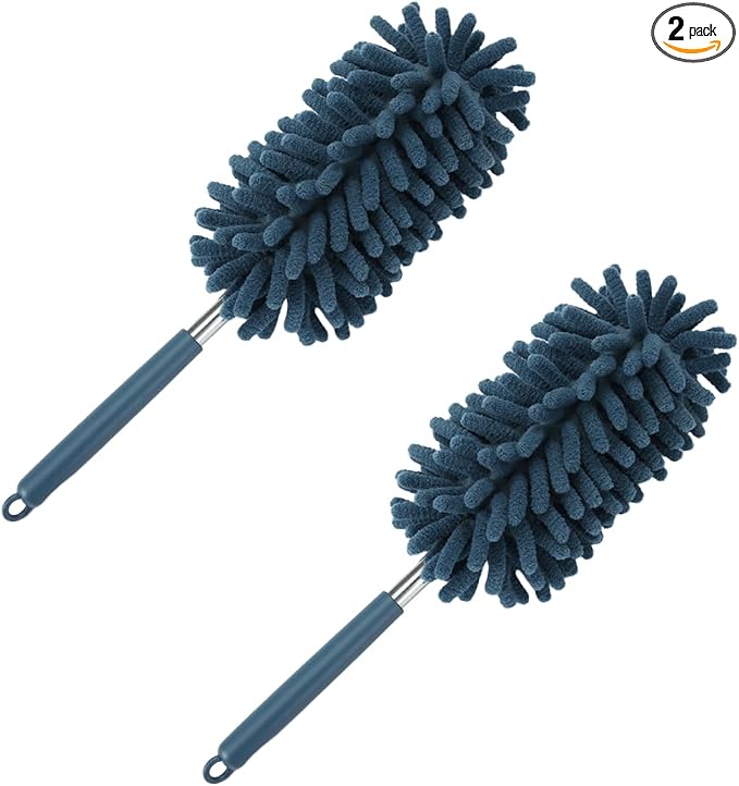 2PCS Car Interior Duster with Extension Pole – Washable Microfiber Dusters Detailing Brushes with Bendable Head, Long Handle Cleaning Duster Tool for Car Dash, Vents, Window, Furniture, Office (Blue)