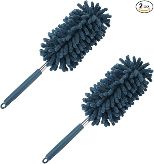 2PCS Car Interior Duster with Extension Pole – Washable Microfiber Dusters Detailing Brushes with Bendable Head, Long Handle Cleaning Duster Tool for Car Dash, Vents, Window, Furniture, Office (Blue)