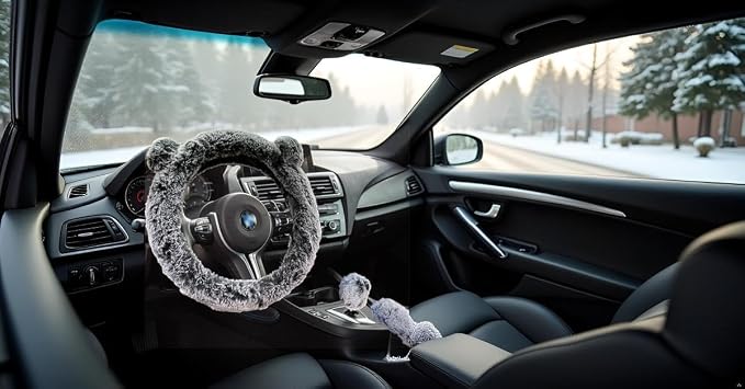 Fuzzy Steering Wheel Cover, Cute Fluffy Car Wheel Cover Women Bear Panda Ears 14.5" 15inch, Soft Warm Furry Plush Wool Fur Wheel Protector & Handbrake & Gear Shift Cover Set, Winter Warmer hands, Grey