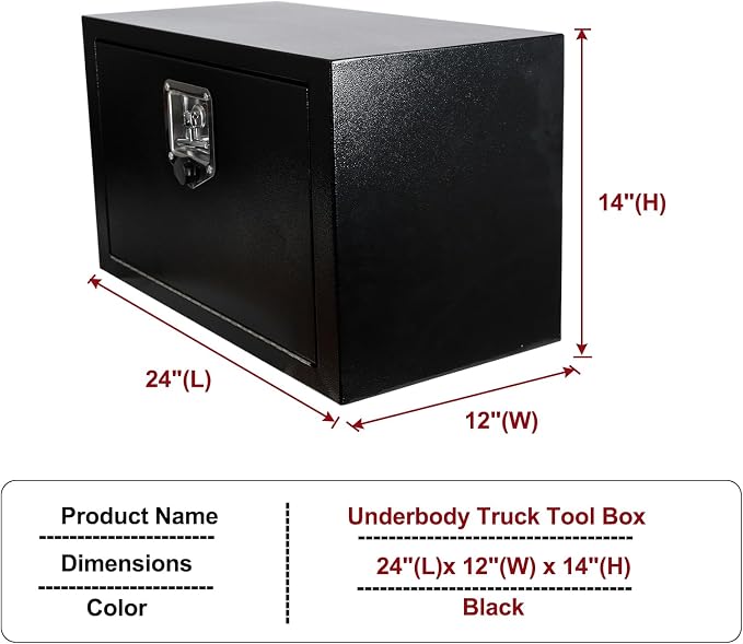 24 Inch Underbody Truck Tool Box with T-Handle Lock,Heavy Duty Truck Storage Organizer Tool Box Chest For Storage Smooth Surface Waterproof, 24"x 12"x 14" inch Black