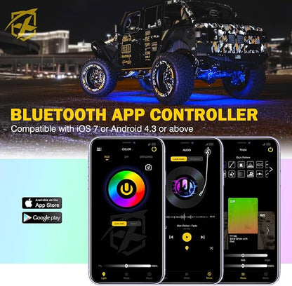 Xprite RGBW LED Rock Lights Kit with Bluetooth & Wireless Remote Controller, Multicolor Cars Underglow, Wheel, Footwell Neon Light Kits, for Off-Road UTV ATV Trucks SUV Motorcycle Boats - 8 Pods