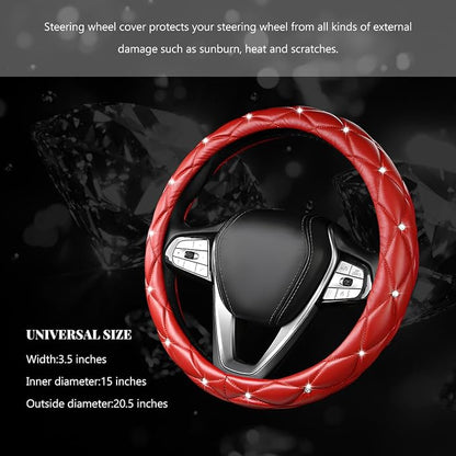 Bling Car Steering Wheel Cover, 15 Inch Diamond Leather Anti-Slip Auto Steering Wheel Protector, Cute Sparkly Rhinestones Wheels Cover Automotive Decoration for Women Girl (Red)
