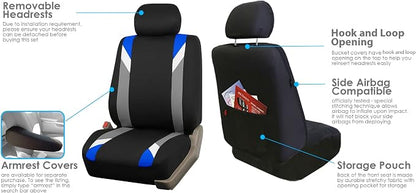 FH Group Front Set Cloth Car Seat Covers for Low Back Car Seats with Removable Headrest, Universal Fit, Airbag Compatible Seat Cover for SUV, Sedan, Van Blue