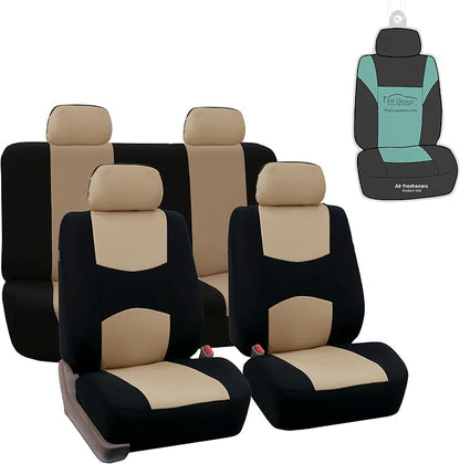 FH Group Flat Cloth Seat Covers Front Seat and Solid Rear Bench Full Set with Gift - Universal Fit for Cars, Trucks & SUVs (Beige/Black)