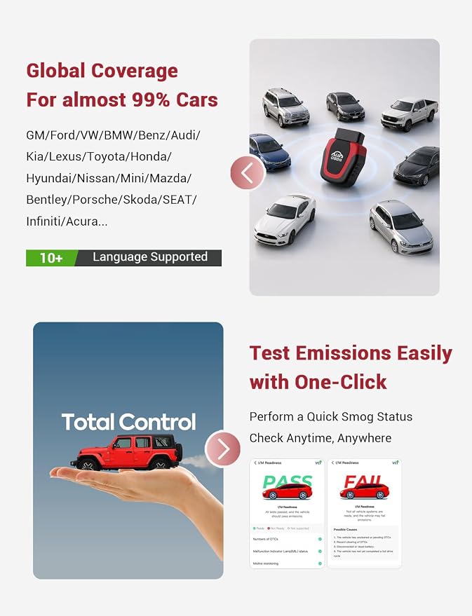 Rocco Pro OBD2 Scanner Bluetooth for iPhone & Android, No Subscription, Full System Car Diagnose with AI Repair Guide, ABS/SRS/Transmission Code Reader, Used Car Inspector, Vehicles 1996+