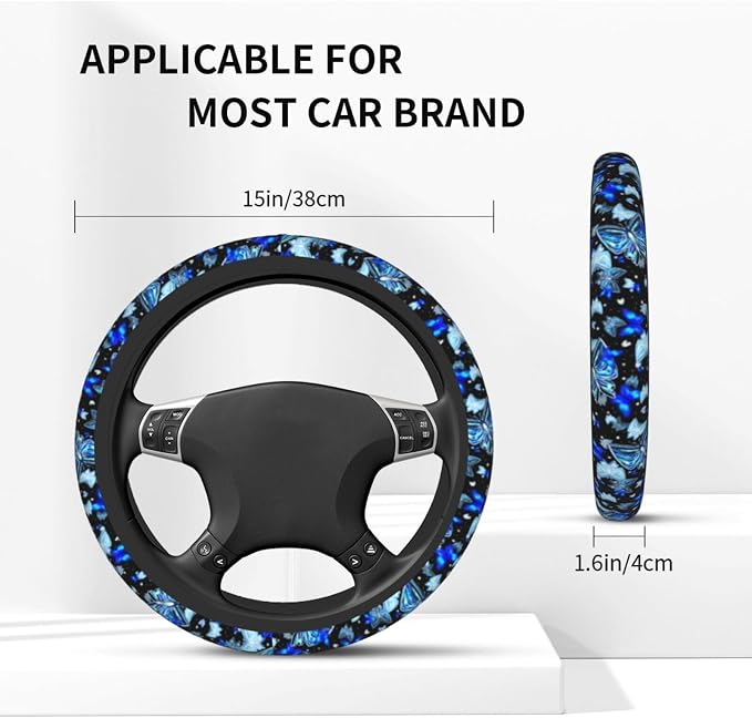 Blue Butterfly Steering Wheel Cover Universal 14.5-15 Inch Car Wheel Protector Anti-Slip Car Steering Wheel Accessories for Women Girls