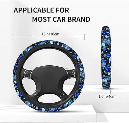 Blue Butterfly Steering Wheel Cover Universal 14.5-15 Inch Car Wheel Protector Anti-Slip Car Steering Wheel Accessories for Women Girls