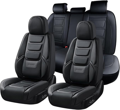 Coverado Car Seat Covers Full Set, Seat Covers for Cars, Front Seat Covers and Back Seat Cover Waterproof Leather Automotive Seat Cover, Universal Car Interior Protectors Cushion for Most Cars Black