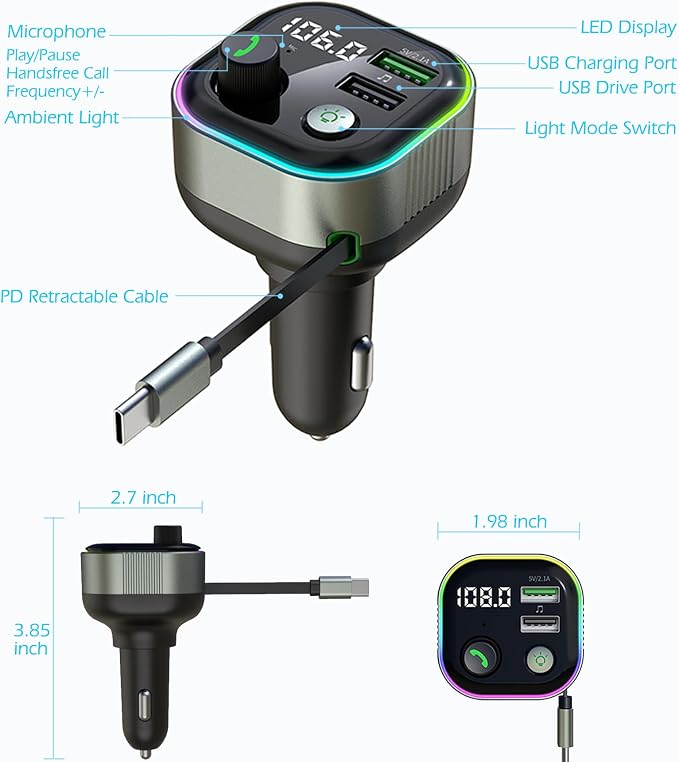 LIHAN Bluetooth 5.4 FM Transmitter for Car, 36W(12V)-65W(24V) Type C Retractable Cord Fast Charger, Wireless Audio Adapter with Hi-Fi Bass,Hands-Free Call,Music Player,Compatible with iPhone & Android