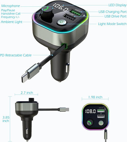 LIHAN Bluetooth 5.4 FM Transmitter for Car, 36W(12V)-65W(24V) Type C Retractable Cord Fast Charger, Wireless Audio Adapter with Hi-Fi Bass,Hands-Free Call,Music Player,Compatible with iPhone & Android