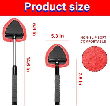 Windshield Cleaning Tool, Car Window Cleaner with 4 Washable Reusable Microfiber Pads, Extendable Long Handle Glass Wiper Cleaning Kit, Auto Accessories Universal for Office and Home (Red)