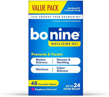 Bonine 48 ct. Non Drowsy Motion Sickness Relief, Sea Sickness, Car Sickness, Nausea, & Vomiting - Meclizine HCI 25mg, Travel-Sized - Raspberry Chewable Tablets