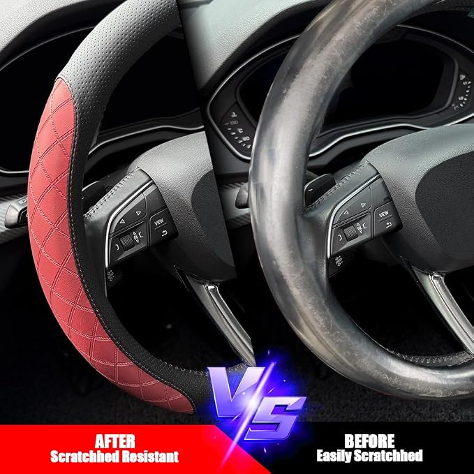 LKWLIKEI Nappa Leather Steering Wheel Cover,Elegant Diamond Checkered Design, Non-Slip wear-Resistant, Enhance Driving Comfort, Suitable for Steering Wheel Diameter 14 1/2‘-15’ Models